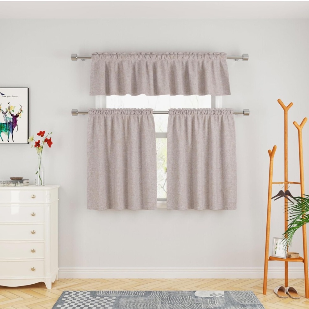 Beige 3 Pieces Tier Curtains